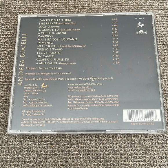 5/$25 Andrea Bocelli Sogno CD Vintage 1998 Classical Italian ft Celine Dion - Picture 2 of 5